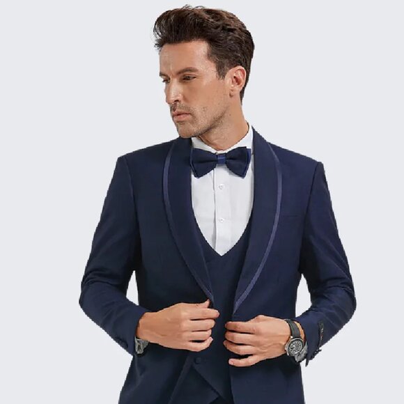 Mens Modern Fit Vested Shawl Tuxedo in Navy with Navy Trim - Picture 1 of 2